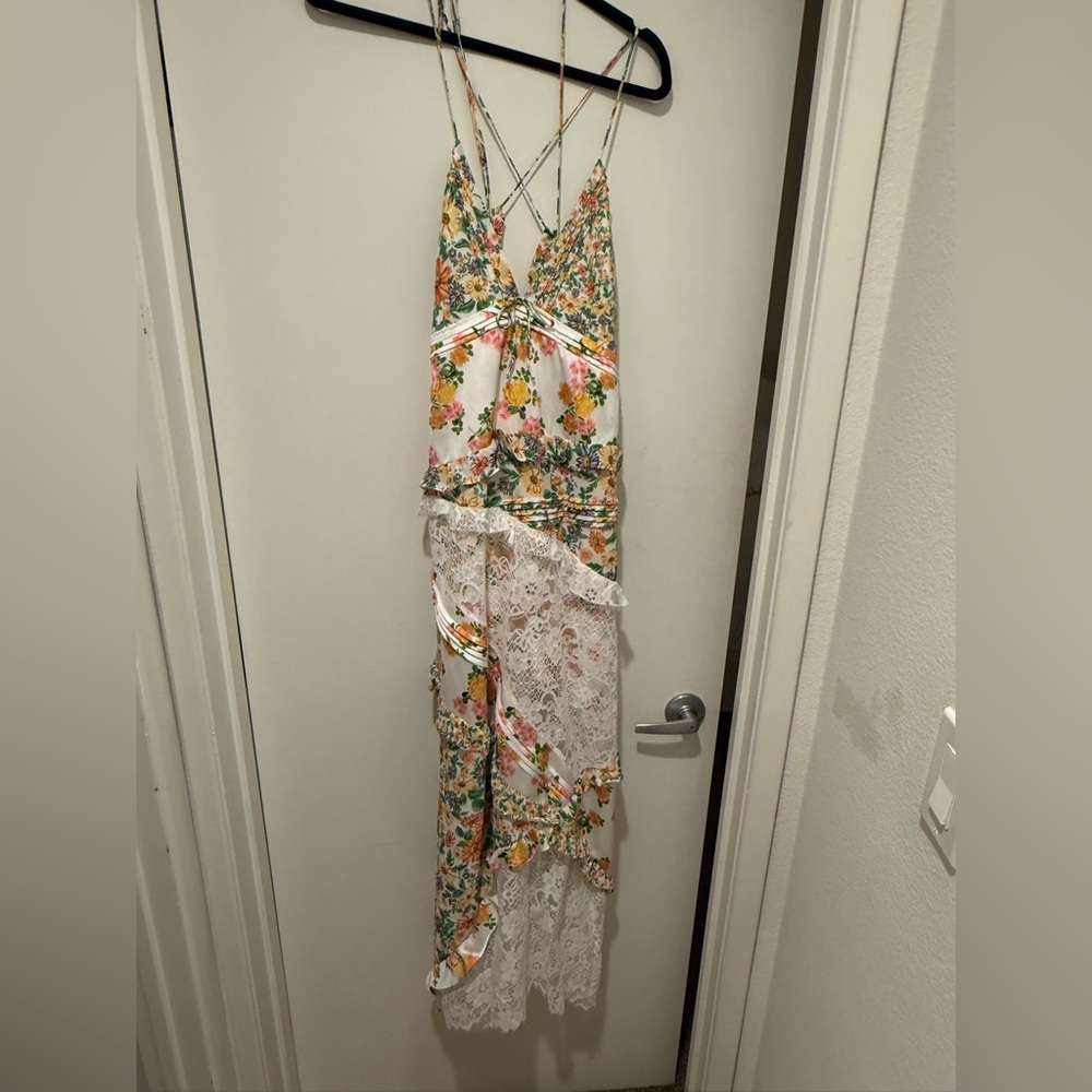 For Love & Lemons White Maxi Dress with Yellow & Green Floral Print